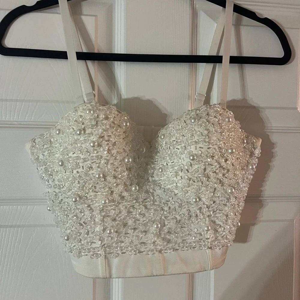 Embellished White Beaded Spaghetti Strap top - Picture 3 of 4